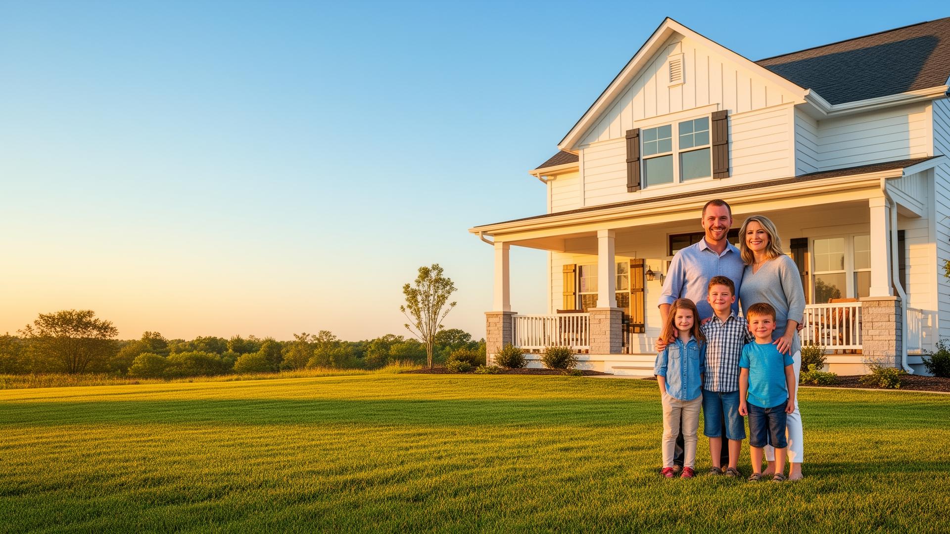 Happy family standing in front of a welcoming home at golden hour